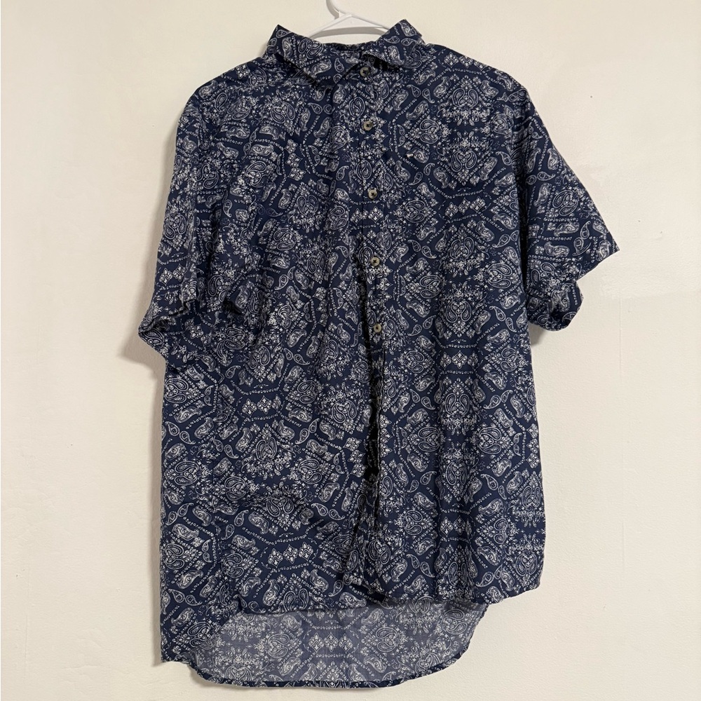 Peau De Loup Navy and White Short Sleeve Button-Up Tee with Paisley Print